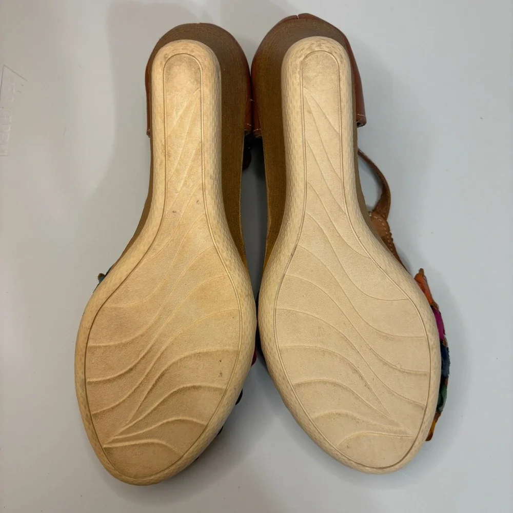 Cacahi's Mexican Huarache Wedge Sandal Sz 9 Tan Floral Strappy Shoe Boho Culture